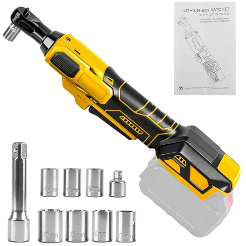Llave de carraca 3/8 a batería para Dewalt 20V (sin batería) | 80 Nm, Carraca Eléctrica sin Escobillas, Adaptador 1/4, Barra de Extensión y 7 Llaves