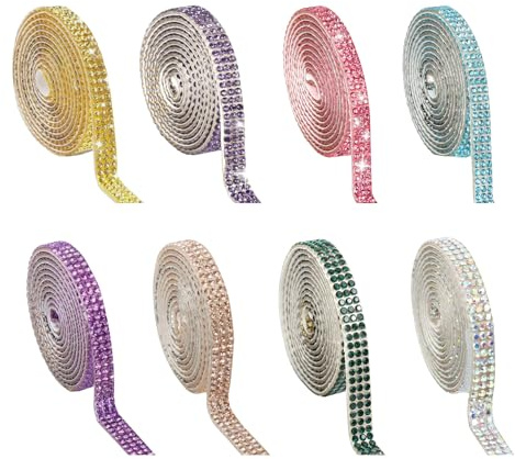 8 Rollen Glitzerband selbstklebend, Glitzersteine und Strassband für DIY, Hochzeit und Partydekoration