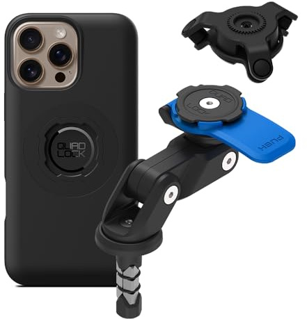 QUAD LOCK Gabelschaft-Handyhalterung (V2) für Motorrad mit Vibrationsdämpfer und MAG Hülle für iPhone 16 Pro Max