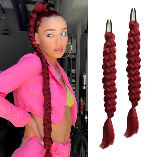 2 Pcs 16 zoll Red Braid Extensions Pferdeschwanz Verlängerung mit Haargummi 40cm Lange Geflochtener Ponytail Verlängerung Natürliches Haarverlängerung Synthetisches Zopf Haarteil für Damen