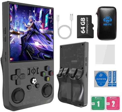 R36MAX - Consola de juegos retro portátil recargable de 4000 mAh, cómoda consola de juegos retro antideslizante con coche TF de 64 G, pantalla de 4 pulgadas, para oficina, color negro