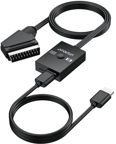 AUTOUTLET Adaptador Scart a HDMI, 16:9/4:3, Convertidor Euroconector a HDMI Conversión 1080P Compuesto CVBS AV A HDMI Video Audio Converter con Cable HDMI PAL/NTSC, para Reproductor de VCR, VHS y DVD