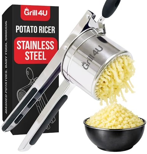 Large 15oz Potato Ricer - Professional 430 Stainless Steel Masher for Fluffy Mashed Potatoes, Gnocchi, Guacamole & Baby Food - Ergonomic Non-Slip Handles, Heavy Duty & Dishwasher Safe Kitchen Press