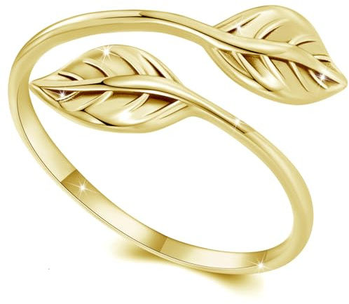 WOSTU Gold Leaf Open Adjustable Ring Filigree Leaf Dainty Botanical Rings Plant Theme Stacking Wedding Ring Eternity Band Jewelry Her Mom Daughter Grandma