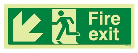 V Safety Glow In The Dark Fire Exit Arrow Down Left Sign - 300mm x 100mm - Rigid Plastic