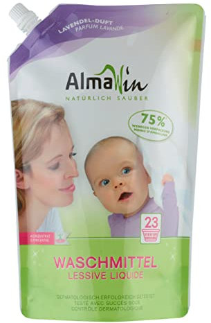 AlmaWin® Universal Waschmittel Flüssig [1,5L - 25 Ladungen] mit Lavendelduft - Flüssigwaschmittel sauber ab 30°C - Waschmittel für Weißes & Buntes im Öko-Pack Nachfüllbeutel - Öko & VEGAN