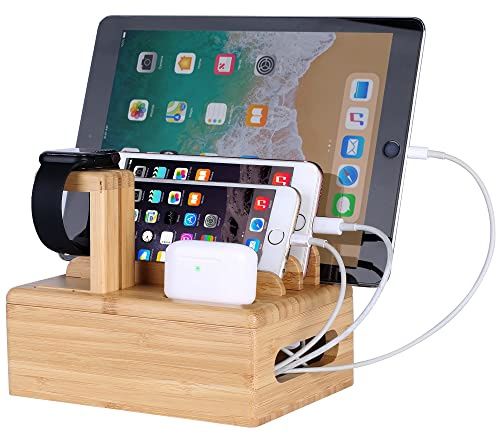Schreibtisch-Organizer aus Bambus Holz Ladestation Ladegerät Halterung Ständer Compatible with iPhone 13 12 11 Pro Max XS XR 8 Plus iPad Apple Watch iWatch AirPods/AirPods Pro Smartphones & Tablets