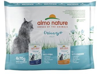 Almo Nature Urinary Help - Feuchtnahrung für ausgewachsene Katzen mit Fisch, mit Huhn - 70g, Packung mit 6