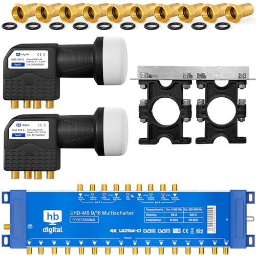HB-DIGITAL Set: 2X Quattro LNB Schwarz (Test: SEHR GUT) + Multischalter pmse 9/16 HB-DIGITAL 9X Satellit & bis zu 16x Teilnehmer/Receiver für Full HDTV 3D 4K UHD Netzteil + 40 Vergoldete F-Stecker