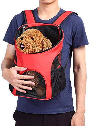Sorand Haustier Träger Rucksack, Hände Frei Einstellbar Haustier Hund Rucksack Träger Draussen Hündchen Reise Träger Belüftetes Mesh Doppelt Schultertasche zum Reisen Wandern Camping(rot)