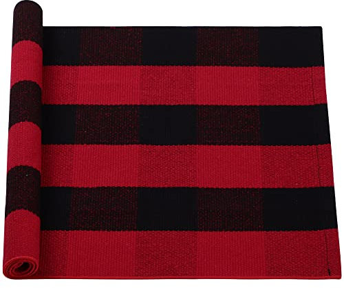 sourcing map Cotton Plaid Door Mat, Red & Black Area Floor Rugs, Checkered Carpet for Indoor/Outdoor, Woven Washable Buffalo Mat, Retro Doormat Runner Rug for Front Porch/Kitchen 24x35