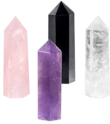 SUNYIK Gemstone Healing Crystal Points Wand, Single Terminated Wand Prism for Meditation, Amethyst Rose Quartz Rock Quartz Black Obsidian, Pack of 4
