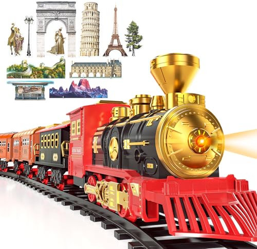 SNAEN Train Sets with Steam Locomotive Engine, Cargo Car and Tracks, Battery Powered Play Set Toy w/Smoke, Light & Sounds, for Kids, Boys & Girls 3 4 5 6 7 Years Old