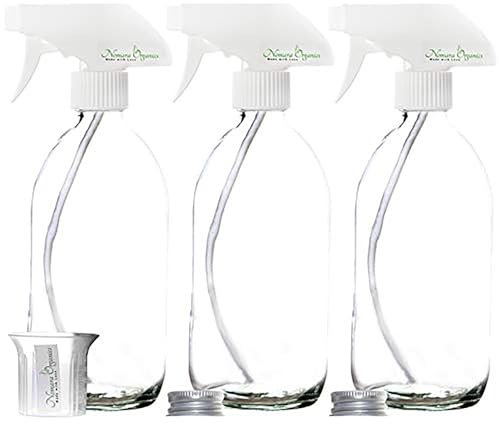 Nomara Organics Clear Glass Spray Bottles, 3 Pack, Trigger Pump Fine Spraying, BPA Free, Refillable, Reusable Container for Cleaning Products, Kitchen, Bathroom, Organic Oil Cooking, 300 mL