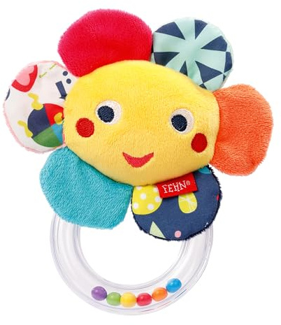 Fehn 055320 Rasselring Blume COLOR Friends – Greifling mit Stoff-Tier & buntem Perlen-Ring zum Rasseln, Rascheln, Fühlen, Spielen – fördert gezieltes Greifen & Motorik – treuer Begleiter ab der Geburt