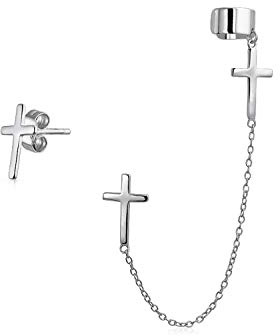 Einfacher Religiöser Kreuzfaden Langketten Ohrmanschette & Ohrring Set Für Frauen Teenager Roségold Plattiert .925 Sterling Silber