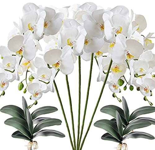 HinyoCo 5 Pcs Artificial Phalaenopsis Flowers and 4 Bundles Leaves,Artificial Orchid Flowers with 4 Bundles Leaves Stem Plants for Home Wedding Decoration