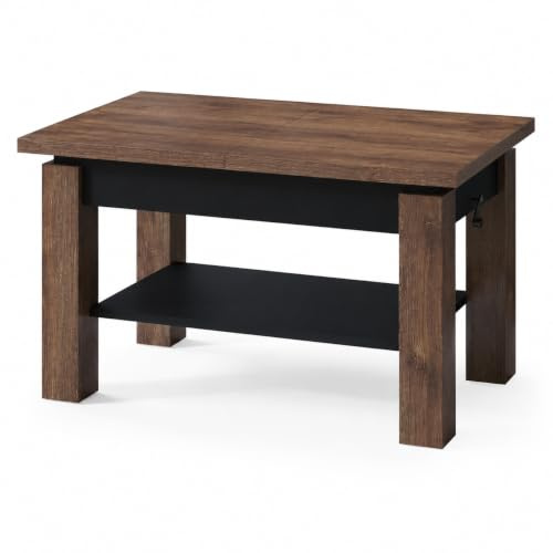 All4All Couchtisch Astra - Kaffeetisch - Wohnzimmertisch – Sofatisch mit Ablage - höhenverstellbar - kompakte Größe - Sofatisch - 110x68cm - 05 - BRAUNE Eiche + SCHWARZ