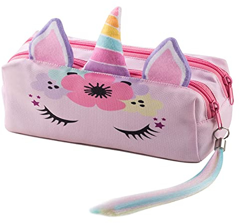 Einhorn Federtasche Schlamperbox Federmäppchen Schüleretui Stiftemappe mit Zwei Reißverschlüssen Unicorn Horn mit Ohren und Regenbogen Schwanz [107]