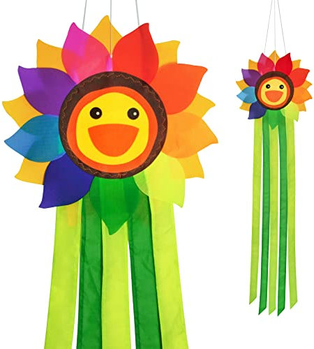 emma kites Smiling Sunflower Rainbow Windsock 42-in Hanging Décor for Garden Backyard Balcony Porch Campsite Tent Awing Festival Party Decoration