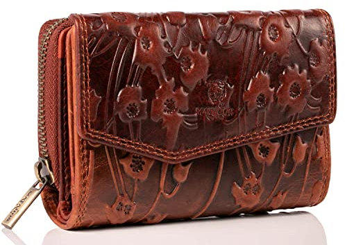 MATADOR Leder Geldbörse Damen Mittelgroß #Sevilla mit Geschenk Box, Luxus RFID Geldbeutel Damen, Geldtasche Frauen Viele Fächer, Leder Brieftasche, Edles Portemonnaie Frauen Blumen Braun