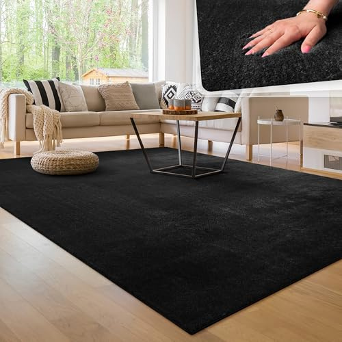 Paco Home Moderner Kuscheliger Wohnzimmer Teppich Kurzflor waschbar flauschig Weich Einfarbig Felloptik zeitlos stilvoll rutschfest pflegeleicht, Grösse:160x220 cm, Farbe:Schwarz
