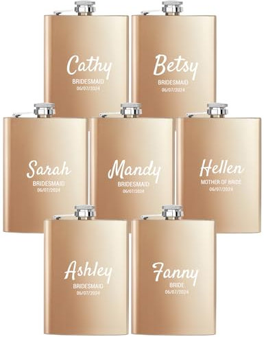 Lot de 7 flasques personnalisées pour femme, 8oz/227ml, en acier inoxydable gravé pour demoiselle d'honneur, flasque personnalisée pour fête de mariage, cadeau d'anniversaire (champagne)