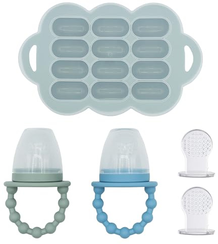 WeeSprout Baby Food Feeder Set - 2 Silicone Feeders & Reusable Freezer Tray with Lid - BPA-Free Fresh Fruit & Veggie Pacifier for Babies & Toddlers - Double as Teething Toys - Dishwasher Safe