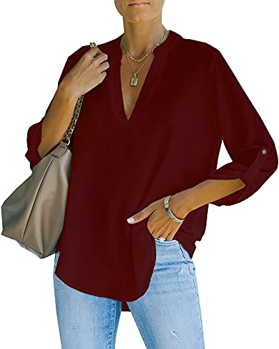 NONSAR Damblus, elegant, v-ringad, Henley, skjortblus, rullbara ärmar, lösa blusar, Vinröd, XL