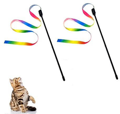 Cretty-Meet 2pcs Cat Wand Interactive Toy Colorful Fabric Ribbon Rainbow Cat String Toy Cats Teaser Wand for Kitten Exerciser Accessories Cats Training Playing Indoor Pet Interactive Toy