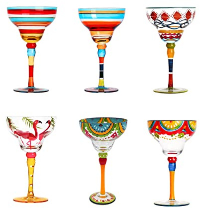 HIUHIU Verres À Margarita Peints, Collection Mexicaine Verres À Margarita sans Pied Ensemble De Verres À Margarita Unique/Décoratif Verres À Margarita Soufflés À La Bouche,6pcs