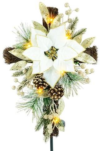 YULETIME 36 Christmas Cross Stake, Solar Powered with 15 Fairy Lights, Metal Cross, Natural Rattan, Gold-Rimmed White Poinsettia, Gilded Leaves, Berries, Pine Cones, Pine Needles (White)