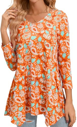 Enmain Camiseta Mujer Manga Larga Top Túnica Talla Grande Manga 3/4 Blusa on Cuello en V Tops de Colores Sólidos/Estampadas T Shirt para Mujeres S-3XL