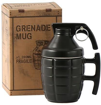 MBSM Kreative Tasse 266 ml, Handgranate, Kaffeetasse, 3D-Granaten-Bierkrug, lustige Cappuccino-Tasse, Teetasse mit Deckel, Keramiktasse, lustige Geschenke für Männer, Militär-Fans