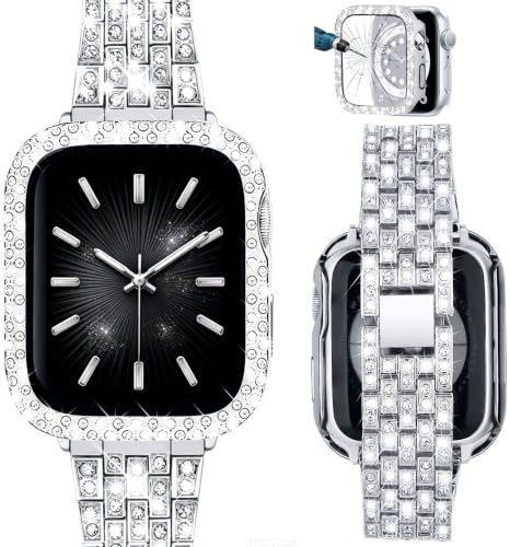 VISOOM Compatible with Bling Apple Watch Straps 40mm with Bling Case, Woman Metal Sparkling Diamond Rhinestone iWatch Replacement Strap for Apple Watch SE3/2/1 Series 6/5/4 40mm -Silver