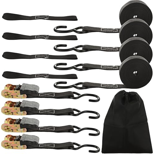 YAYODS 4 Pack Ratchet Tie Down Straps, 2.5cm x 4.6m Heavy Duty Ratchet Straps with Hooks, with 4 Soft Loops, Storage Bag, 800 kg Break Strength, Ratchet Straps for Moving, Cargo Motorcycle,Black
