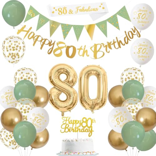 Happy 80th Birthday Decorations Banners Balloon for Women Sage green | Banners, Balloons, Cake Topper, Sash, Bunting, Flags, Number Helium Balloons