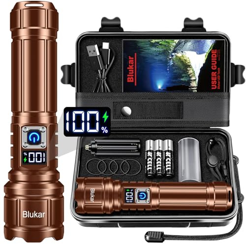 Blukar Lampe Torche LED Ultra Puissante Super Lumineux, Lampe de Poche Rechargeable 5000mAh, Zoomable 5 Modes, IP67 Étanche, Longue Durée LED Torche pour Camping Randonnée Pêche Urgence,Brun