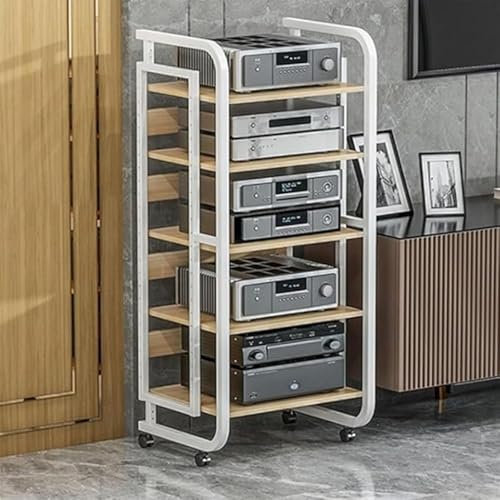 Stereo Component Cabinet, Freestanding Speaker Gaming Consoles Unit Racks, Movable Corner Storage Shelf with Wheels for Home Theater, Media Player Stand for Audio Video Amp(White-C)
