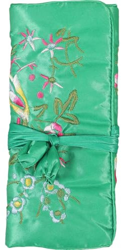 LIFKOME Bestickte Schmuckrolle Handgefertigt Aus Stoff Grün Schmuckbeutel Organizer Mit Reißverschlusstaschen Für Reisen Und Kosmetik