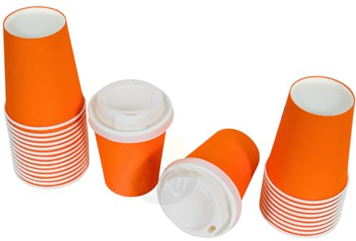 KURTT Tasses à café avec couvercle Ø80mm, 100 pièces, 8oz/200ml, tasses à café, gobelets à café to go, gobelets en carton, coffee to go (100, orange)