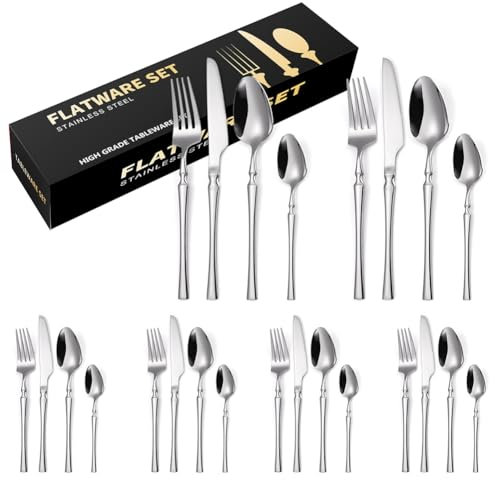Cutlery Set, 24 Pieces Flatware Set, Service for 6, Mirror Polished, Stainless Steel Tableware with Knives Forks Spoons Teaspoons, Dishwasher Safe/Easy Clean (24, Silver Small_Waist)