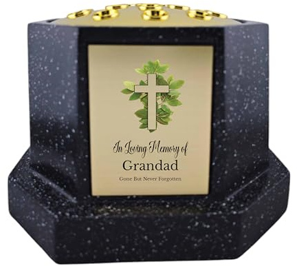 In Loving Memory Of Memorial Octagon Rose Bowl Grave Marker Flower Pot Vase With Cross Design Mum Dad & Lots More Black/Gold (UV PRINTED) (Grandad)