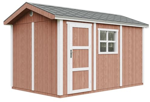 Casetta da giardino di qualità premium 8,68 m² - H252x250x412 cm - Costruzione in pannelli LP Smartside - Con pavimento e Tegole Bituminose - Timbela M914-REDWOOD RED