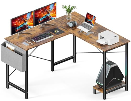 DUMOS L Shaped Desk Computer Gaming Corner Table 50 Inch Home Office Writing Student Work PC Workstation with Side Storage Bag CPU Stand for Bedroom Small Spaces