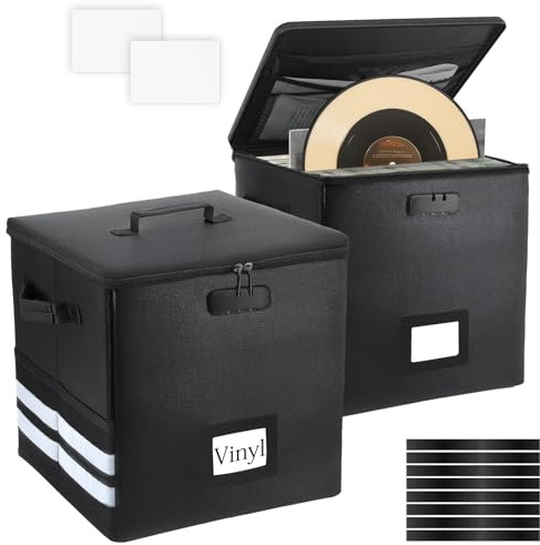 2 Pcs Vinyl Record Storage Box with Lock, Fireproof Water Resistant 13 Inch Record Organizer Storage Hold 100+ 12 Vinyl Albums Crate with Lid Handles Record Collection File Holder Box Collapsible