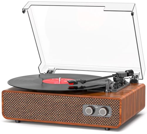 Vinyl Record Player 3-Speed Vintage Record Player with Upgraded Speakers | Bluetooth, Non-Adjustable Counterweight | RCA Outpt AUX Input | Light Brown Wood LP Turntable