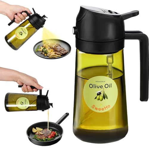 SweeHo Oil Sprayer for Cooking,470ml Cooking Olive Oil Sprayer and Oil Dispenser 2 In 1, Food-grade Glass Oil Spray Bottle Mister for Air Fryer, BBQ, Griddle (Black+dark green glass and color label)