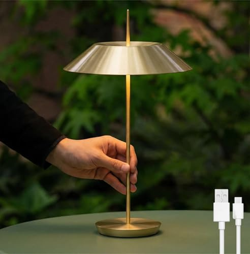 OOWOKS Lampe de table LED dorée sans fil avec lampe de table rechargeable par USB 3600 mAh Lampe de chevet sans fil dimmable Lampe de camping 3 températures de couleur pour chambre à coucher, salon
