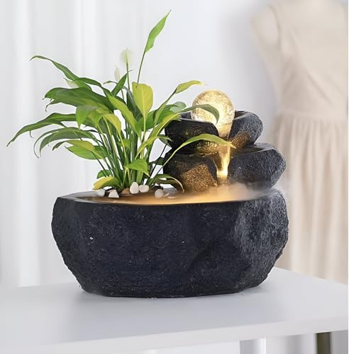 Fontana da tavolo per interni da 40 cm con cascata a 3 livelli, luci LED RGB e nebulizzatore, cascata in resina zen, per casa, ufficio e decorazione per meditazione (nero)